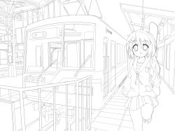 Rule 34 | 1girl, greyscale, guitar case, highres, hirasawa yui, hood, hoodie, instrument case, k-on!, karaage3, kyoto, lineart, monochrome, open mouth, real world location, running, short hair, solo, train, train station