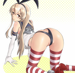 Rule 34 | 10s, 1girl, all fours, animal ears, ass, bad id, bad pixiv id, blonde hair, blouse, butt crack, fake animal ears, female focus, from behind, kantai collection, long hair, looking back, rabbit ears, shimakaze (kancolle), shirt, shuuji (shumi), sleeveless, sleeveless shirt, solo, striped clothes, striped thighhighs, thighhighs, underwear, very long hair, white background, white shirt, yellow background
