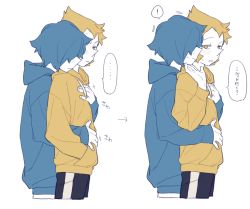 Rule 34 | !, ..., 2girls, bad id, bad twitter id, blonde hair, blue hair, blue hoodie, blue pearl (steven universe), blush, dayama, from side, frown, hair over eyes, hood, hoodie, hug, hug from behind, long sleeves, looking at another, multiple girls, open mouth, pointy nose, short hair, spoken ellipsis, spoken exclamation mark, steven universe, sweat, translated, white background, yellow eyes, yellow hoodie, yellow pearl (steven universe), yuri