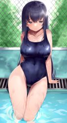 Rule 34 | 1girl, absurdres, arm support, bare legs, black hair, black legwear, breasts, chain-link fence, closed mouth, collarbone, commentary request, competition school swimsuit, covered navel, fence, grey eyes, groin, highleg, highres, kairi (miry666), large breasts, legs together, long hair, one-piece swimsuit, open mouth, original, pool, poolside, school swimsuit, sitting, skindentation, solo, swimsuit, taut clothes, taut swimsuit, thighs, wet, wet clothes, wet swimsuit