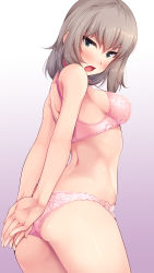 Rule 34 | 10s, 1girl, angry, ass, blue eyes, blush, bra, breasts, commentary, covering privates, covering ass, cowboy shot, crotch seam, embarrassed, from behind, girls und panzer, gradient background, highres, itsumi erika, lace, lace-trimmed bra, lace-trimmed panties, lace trim, long hair, looking at viewer, looking back, medium breasts, nksk, open mouth, panties, pink bra, pink panties, purple background, silver hair, solo, standing, sweatdrop, underwear, underwear only