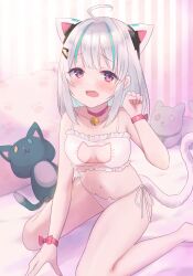 Rule 34 | admi (nikke), ahoge, animal ears, bare legs, bare shoulders, barefoot, bell, blue hair, blush, bra, breasts, cat cutout, cat ear panties, cat ears, cat girl, cat lingerie, cat tail, choker, cleavage cutout, clothing cutout, collarbone, frilled bra, frills, goddess of victory: nikke, grey hair, gucchiann, hand up, highres, jingle bell, looking at viewer, medium breasts, meme attire, multicolored hair, neck bell, open mouth, panties, paw pose, purple eyes, red choker, side-tie panties, sitting, streaked hair, stuffed animal, stuffed cat, stuffed toy, tail, underwear, underwear only, wariza, white bra, white panties