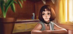 Rule 34 | 1girl, black neckwear, bob cut, brown eyes, brown hair, choker, closed mouth, crossed arms, desk, grey shirt, highres, indoors, jewelry, jungon kim, leon the professional, looking afar, mathilda, mathilda lando, pendant, plant, potted plant, shirt, short hair, smile, solo, sunlight, window