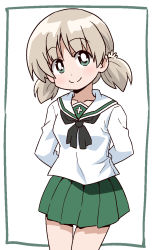 Rule 34 | 1girl, aki (girls und panzer), alternate costume, arms behind back, black neckerchief, blouse, border, bright pupils, closed mouth, commentary, cowboy shot, girls und panzer, green border, green eyes, green skirt, hair tie, light brown hair, long sleeves, looking at viewer, low twintails, miniskirt, neckerchief, ooarai school uniform, outside border, pleated skirt, ponzu rui, sailor collar, school uniform, serafuku, shirt, short hair, short twintails, simple background, skirt, smile, solo, standing, twintails, white background, white pupils, white sailor collar, white shirt