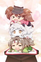 Rule 34 | &gt; o, 3girls, :d, :o, ;d, = =, ahoge, blush stickers, brown eyes, brown hair, brown skirt, chibi, closed eyes, colored skin, commentary request, dress, fang, full body, green kimono, hachimaki, hair between eyes, hair tie, hakama, hakama pants, hakama shorts, headband, high ponytail, hishimochi, horns, human tower, japanese clothes, kantai collection, kariginu, kimono, light brown hair, long hair, long sleeves, looking to the side, lying, magatama, mittens, multiple girls, northern ocean princess, on stomach, one eye closed, open mouth, pale skin, pants, pink background, ponytail, ryuujou (kancolle), shorts, sidelocks, skirt, sleeveless, sleeveless dress, smile, stacking, star (symbol), starry background, twintails, visor cap, white dress, white hair, white legwear, white skin, wide sleeves, zipang (zip@ng works), zuihou (kancolle), |d