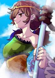 Rule 34 | 1girl, blue sky, brown hair, circlet, collarbone, detached sleeves, dress, fog, highres, holding, kamabokopic, monkey girl, monkey tail, prehensile tail, red eyes, ruyi jingu bang, single-shoulder dress, single strap, sky, smile, solo, son biten, tail, touhou, unfinished dream of all living ghost