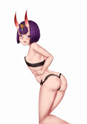 Rule 34 | 1girl, absurdres, ass, back, bare shoulders, bob cut, breasts, eyeliner, fate/grand order, fate (series), headpiece, highres, horns, looking at viewer, looking back, makeup, nipple slip, nipples, oni, open mouth, purple eyes, purple hair, revealing clothes, selarz, short hair, shuten douji (fate), skin-covered horns, small breasts, smile, solo, thighs