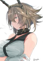 Rule 34 | 1girl, absurdres, bare shoulders, breasts, brown hair, cigarette, collar, collarbone, commentary, crossed arms, edogawa nao, flipped hair, gloves, green theme, hair between eyes, headgear, highres, kantai collection, large breasts, looking to the side, mutsu (kancolle), short hair, simple background, smoke, smoking, solo, twitter username, white background, white gloves