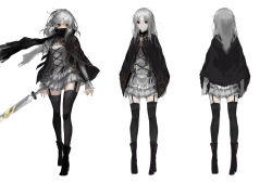 Rule 34 | 1girl, absurdres, bean sprouts (6651003), black cloak, black footwear, black scarf, black sclera, black thighhighs, character sheet, cloak, closed mouth, colored sclera, garter straps, grey hair, highres, holding, holding sword, holding weapon, long hair, multiple views, original, red eyes, scarf, simple background, sketch, standing, sword, thighhighs, weapon, white background