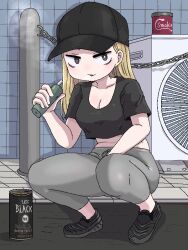 Rule 34 | 1girl, bags under eyes, baseball cap, black hat, blonde hair, breasts, brown eyes, can, canned coffee, cleavage, commentary request, condenser unit, crop top, drink can, electronic cigarette, fukuro (fxxk law), full body, grey pants, hat, long hair, medium breasts, midriff, original, pants, shoes, smoke, sneakers, solo, squatting, vaping, yoga pants