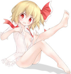 Rule 34 | 1girl, barefoot, blonde hair, blush, bottomless, breasts, convenient censoring, d:, dressing, feet, gplnbeat, hair ribbon, legs, naked shirt, open mouth, red eyes, ribbon, rumia, shirt, short hair, side ponytail, small breasts, soles, solo, touhou