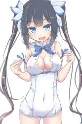 Rule 34 | 10s, 1girl, aqua eyes, arm ribbon, bad id, bad twitter id, bare shoulders, black hair, blue eyes, bow, bowtie, breasts, cleavage, cleavage cutout, clothing cutout, covered erect nipples, covered navel, cowboy shot, dress, dungeon ni deai wo motomeru no wa machigatteiru darou ka, elbow gloves, fang, female focus, gloves, hair ornament, hair ribbon, hestia (danmachi), large breasts, long hair, looking at viewer, open mouth, rei no himo, ribbon, short dress, simple background, sleeveless, sleeveless dress, smile, solo, tokoi, twintails, white background, white dress, white gloves