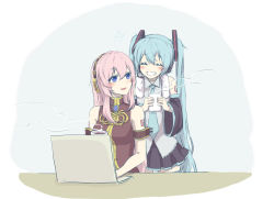 Rule 34 | 2girls, armband, bare shoulders, blue eyes, blue hair, commentary, computer, cup, detached sleeves, closed eyes, grin, hair ornament, hatsune miku, headphones, headset, holding, holding cup, laptop, long hair, megurine luka, multiple girls, necktie, nejikyuu, pink hair, shirt, shoulder tattoo, skirt, sleeveless, sleeveless shirt, smile, steam, tattoo, thighhighs, towel, towel around neck, twintails, very long hair, vocaloid, zettai ryouiki