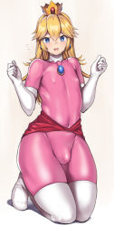 Rule 34 | 1boy, blonde hair, blue eyes, blush, bodysuit, bright pupils, brooch, bulge, clenched hands, commentary request, covered erect nipples, covered navel, crown, double-parted bangs, elbow gloves, embarrassed, flying sweatdrops, full body, genderswap, genderswap (ftm), gloves, gloves over bodysuit, gradient background, hair flaps, jewelry, kneeling, long hair, looking at viewer, male focus, mario (series), nagase haruhito, nintendo, open mouth, pink bodysuit, princess peach, showgirl skirt, skin tight, solo, super mario bros. 1, thighhighs, thighhighs over bodysuit, trap, w arms, white gloves, white pupils, white thighhighs
