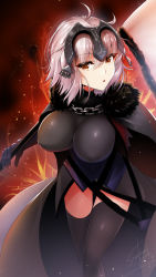 Rule 34 | 1girl, ahoge, armor, armored dress, bad id, bad pixiv id, black dress, breasts, cape, chain, commentary request, dress, fate/grand order, fate (series), fiery background, fire, flag, fur-trimmed cape, fur collar, fur trim, gauntlets, headpiece, jeanne d&#039;arc (fate), jeanne d&#039;arc alter (avenger) (fate), jeanne d&#039;arc alter (fate), large breasts, sasakuma kyouta, short hair, signature, silver hair, solo, thighhighs, tsurime, yellow eyes