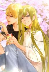 Rule 34 | 2boys, absurdres, androgynous, black shirt, blonde hair, blue pants, can, cherry blossoms, commentary request, dated, drinking, enkidu (fate), fate/grand order, fate/strange fake, fate (series), gilgamesh (fate), green eyes, green hair, highres, hutagi rouka, long hair, looking afar, looking at viewer, multiple boys, open mouth, pants, petals, red eyes, shirt, short hair, sitting, smile, teeth, tree, tsurime, v, very long hair, white shirt