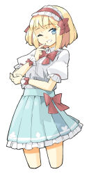 Rule 34 | 1girl, alice margatroid, aqua skirt, arnest, blonde hair, blue eyes, collared shirt, cropped legs, frilled shirt collar, frilled skirt, frills, hairband, highres, lolita hairband, one eye closed, open mouth, pleated skirt, red hairband, shirt, short hair, short sleeves, simple background, skirt, smile, solo, touhou, white background, white shirt, wrist cuffs