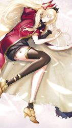 Rule 34 | 1girl, asymmetrical legwear, black dress, black thighhighs, blonde hair, cape, character name, closed eyes, closed mouth, commentary request, dress, earrings, ereshkigal (fate), fate/grand order, fate (series), hair ribbon, hood, hood down, hooded cape, infinity symbol, jewelry, light smile, long hair, long sleeves, lying, marumoru, on side, parted bangs, red cape, red ribbon, ribbon, single sleeve, single sock, single thighhigh, skull, socks, solo, thighhighs, tiara, two side up, uneven legwear, very long hair