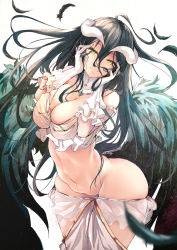 Rule 34 | 1girl, ahoge, albedo (overlord), alternate costume, arched back, ass, bare shoulders, black hair, black wings, blurry, breasts, cleavage, clothes pull, commentary request, cowboy shot, depth of field, detached collar, elbow gloves, feathered wings, gloves, hands on own face, head tilt, highres, horns, long hair, looking at viewer, midriff, navel, no panties, overlord (maruyama), pants, pants pull, side slit, slit pupils, solo, standing, thick thighs, thighs, white background, white gloves, wings, yellow eyes, yukishiro arte