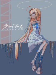 Rule 34 | 1girl, blonde hair, blue eyes, boots, crymachina, dress, enoa (crymachina), hair intakes, halo, hand on own chest, highres, logo, long hair, looking to the side, official art, pixel art, second-party source, shoelaces, simple background, sitting, sivcha, very long hair, white dress