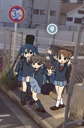 Rule 34 | 3girls, absurdres, arms at sides, black hair, black socks, blazer, blue skirt, brown eyes, brown hair, buttons, chain-link fence, fence, high school girls posing for google street view (meme), highres, hirasawa ui, jacket, k-on!, knee up, long hair, meme, multiple girls, nakano azusa, open mouth, outstretched arm, outstretched arms, oyasuminaseu, photo-referenced, photo background, pleated skirt, ponytail, red ribbon, ribbon, road sign, sakuragaoka high school uniform, school uniform, short twintails, sidewalk, sign, skirt, socks, suzuki jun, twintails, white socks, winter uniform