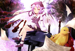 Rule 34 | 1girl, animal ears, ayagi daifuku, bandages, bird, blood, blouse, breasts, cleavage, crossed legs, feathers, female focus, flower, gradient background, hat, injury, instrument, light smile, musical note, mystia lorelei, nature, outdoors, piano, pink flower, pink hair, pink rose, plant, red eyes, rose, sheet music, shirt, short hair, sitting, skirt, small breasts, solo, touhou, tree, vest, violin, wings