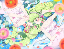 Rule 34 | 2girls, arm up, bare shoulders, blue eyes, blurry, blurry foreground, blush, breasts, colored eyelashes, dress, dual persona, falulu, flower, forehead jewel, green hair, headphones, highres, long hair, looking at another, lying, lying on water, marueri, medium breasts, multiple girls, on back, open mouth, orange flower, parted bangs, partially submerged, petals, pink dress, pink flower, pretty series, pripara, profile, rotational symmetry, sidelocks, sleeveless, sleeveless dress, smile, twintails