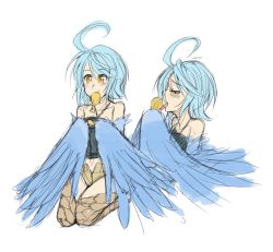 Rule 34 | 10s, 1girl, ahoge, artist request, blue hair, blue wings, colorized, drawfag, feathered wings, fried chicken, harpy, monster girl, monster musume no iru nichijou, mouth hold, multiple views, papi (monster musume), simple background, sketch, talons, white background, winged arms, wings, yellow eyes