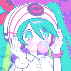 Rule 34 | 1girl, beanie, blue eyes, blue hair, bracelet, bubble blowing, chewing gum, collared shirt, creatures (company), game freak, gloves, green hair, hair between eyes, hair ribbon, hands on headphones, hands up, hat, hatsune miku, headphones, highres, jewelry, long hair, multicolored hair, nintendo, pokemon, project voltage, psychic miku (project voltage), purple background, red ribbon, ribbon, shirt, single glove, slwii2, solo, star (symbol), twintails, upper body, vocaloid, white gloves, white headwear, white shirt