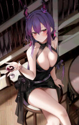 Rule 34 | 1girl, absurdres, alcohol, arknights, bare arms, bare shoulders, black dress, blue hair, blush, bow, bracelet, breasts, ch&#039;en (arknights), chair, chinese commentary, cleavage, closed mouth, cocktail glass, collarbone, commentary request, crossed legs, cup, dragon horns, dress, drinking glass, hair between eyes, highres, holding, holding cup, horns, ice, ice cube, jewelry, large breasts, legs, long hair, nail polish, red eyes, revision, ru zhai, short dress, sidelocks, sitting, solo, thighs, very long hair, waist bow