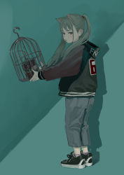 Rule 34 | 1girl, birdcage, black footwear, blue background, cage, drop shadow, explosive, feiqizi (fkey), fkey, from behind, full body, grey hair, grey pants, holding, jacket, long sleeves, looking at viewer, looking back, original, pants, parted lips, shoes, solo, tnt, twintails