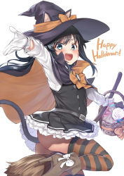 Rule 34 | 1girl, :d, animal ears, asashio (kancolle), basket, black cape, black hair, black thighhighs, blue eyes, bow, broom, broom riding, candy, cape, cat ears, cat tail, commentary request, cowboy shot, cropped legs, dress, ebifurya, food, frilled dress, frills, gloves, grey skirt, halloween, hat, highres, kantai collection, long hair, no panties, official alternate costume, open mouth, orange bow, outstretched arm, pinafore dress, pleated skirt, shirt, simple background, skirt, sleeveless, sleeveless dress, smile, solo, striped clothes, striped thighhighs, tail, thighhighs, v-shaped eyebrows, white background, white gloves, white shirt, witch hat