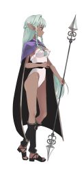 Rule 34 | 1girl, absurdres, aqua hair, black cape, braid, breasts, cape, cloak, closed mouth, commentary, dark-skinned female, dark skin, full body, highres, holding, holding polearm, holding weapon, leotard, long hair, looking ahead, medium breasts, oka paya, pointy ears, polearm, purple cloak, rosalinde (unicorn overlord), simple background, solo, spear, standing, strapless, strapless leotard, toes, twin braids, unicorn overlord, weapon, white background, white leotard