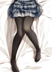 Rule 34 | 1girl, artist name, bed sheet, black pantyhose, blue skirt, from above, haneru, highres, knees together feet apart, lower body, original, pantyhose, plaid, plaid skirt, shiny skin, skirt, solo, toes, twitter username