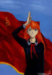 Rule 34 | 00s, 1girl, 2005, arm up, artist name, blue eyes, communism, dated, flag, hair ornament, hammer and sickle, limfoman, long hair, looking at viewer, neon genesis evangelion, propaganda, red flag, red hair, russia, salute, sky, solo, souryuu asuka langley
