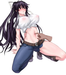 Rule 34 | 1girl, arms behind back, asymmetrical clothes, asymmetrical legwear, bad id, bad pixiv id, bandages, poking belly, black eyes, black hair, blush, boots, breasts, commentary request, covered erect nipples, cutoffs, denim, disembodied limb, finger in navel, full body, hair ribbon, highres, jeans, kanzaki kaori, large breasts, midriff, navel, nipples, pants, ponytail, ribbon, see-through, shirt, short sleeves, sidelocks, simple background, solo, spread legs, squatting, tied shirt, toaru majutsu no index, uneven legwear, white background, white shirt, yeklsa