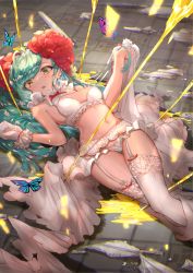 Rule 34 | absurdres, breasts, bug, butterfly, destiny child, flower, garter belt, garter straps, gloves, green hair, hair flower, hair ornament, hieno hiro, highres, insect, lace, lace-trimmed legwear, lace trim, lying, navel, on back, panties, pomona (destiny child), small breasts, tagme, thighhighs, underwear, wedding lingerie, white gloves, white legwear