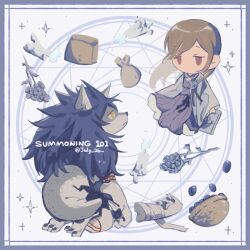 Rule 34 | 1boy, 1girl, bag, bandages, basket, black hair, blue border, blue flower, blue rose, book, border, brown eyes, brown hair, candle, chibi, coat, dress, flower, flower brooch, frown, furry, furry male, highres, holding, holding book, long hair, long sleeves, magic circle, mili (band), ooya (july 26), paper bag, pouch, purple dress, rose, severed arm, severed limb, simple background, sparkle, white background, white coat, wide sleeves, wolf boy, yellow eyes