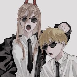 Rule 34 | 1boy, 1girl, bad id, bad twitter id, black jacket, black neckwear, blonde hair, chainsaw man, collared shirt, commentary, demon horns, denji (chainsaw man), dress shirt, facing viewer, grey background, hair between eyes, highres, horns, jacket, long hair, necktie, open clothes, open jacket, open mouth, power (chainsaw man), round eyewear, sharp teeth, shirt, short hair, simple background, spiked hair, straight hair, sunglasses, teeth, ulov390, upper body, white shirt, wing collar