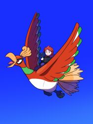 Rule 34 | 1boy, bird, black jacket, blue background, closed mouth, cowlick, creatures (company), game freak, gen 2 pokemon, highres, ho-oh, jacket, legendary pokemon, looking down, male focus, nintendo, pants, parted bangs, pokemon, pokemon (creature), pokemon hgss, purple pants, red hair, riding, riding pokemon, silver (pokemon), sneasel, turtleneck, turtleneck jacket, tyako 089