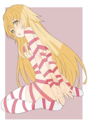 Rule 34 | 1girl, absurdres, ass, bad id, bad twitter id, blonde hair, blush, breasts, brown background, donguri suzume, from behind, full body, highres, ienaga mugi, long hair, looking at viewer, looking back, medium breasts, naked ribbon, nijisanji, no shoes, open mouth, ribbon, simple background, sitting, solo, thighhighs, very long hair, virtual youtuber, wariza, white thighhighs, yellow eyes