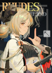 Rule 34 | 1girl, arknights, black background, black choker, brown eyes, chinese commentary, choker, commentary request, grey hair, hair between eyes, hand up, highres, holding, horns, ifrit (arknights), index finger raised, looking at viewer, material growth, oripathy lesion (arknights), shirt, short hair, smile, smoke, solo, ttk (kirinottk), upper body, white shirt
