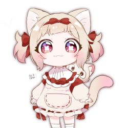 Rule 34 | 1girl, :3, amai hiyo, animal ears, bib, blonde hair, blunt bangs, bow, cat, cat ears, cat girl, cat tail, child, closed mouth, commentary, eyelashes, forehead, hair bow, highres, howa ksrhw, indie virtual youtuber, legs apart, long sleeves, looking at viewer, no nose, pouch, puffy long sleeves, puffy sleeves, red bow, red eyes, shadow, short hair, short twintails, signature, simple background, socks, solo, standing, symbol-shaped pupils, tail, twintails, virtual youtuber, white background