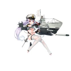 Rule 34 | 1girl, anchor, black gloves, breasts, cleavage, closed mouth, full body, gloves, grey gloves, hair between eyes, hat, headphones, light purple hair, looking at viewer, low twintails, machinery, medium breasts, military hat, multicolored clothes, multicolored gloves, navel, official art, peaked cap, rail (silverbow), red eyes, short sleeves, solo, stopwatch, submarine, swimsuit, thighhighs, toeless legwear, toes, torpedo, transparent background, twintails, u-96 (submarine), u96 (warship girls r), underboob, warship girls r, watch, watercraft, white hat, white thighhighs