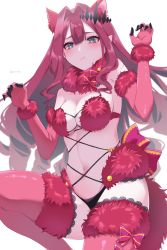 Rule 34 | 1girl, animal ears, bare shoulders, bow, breasts, cleavage, cosplay, elbow gloves, baobhan sith (fate), fate/grand order, fate (series), fur-trimmed gloves, fur-trimmed legwear, fur collar, fur trim, gloves, grey eyes, highres, ichi kq, lace, lace-trimmed legwear, lace trim, large breasts, long hair, looking at viewer, mash kyrielight, mash kyrielight (dangerous beast), mash kyrielight (dangerous beast) (cosplay), navel, o-ring, official alternate costume, pink hair, pointy ears, pout, red gloves, red legwear, revealing clothes, sidelocks, tail, thighs, tiara, wolf ears, wolf tail
