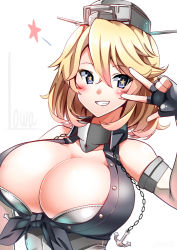 Rule 34 | 10s, 1girl, alternate hair length, alternate hairstyle, anchor, blonde hair, blue eyes, breasts, cleavage, commentary request, elbow gloves, fingerless gloves, front-tie top, gloves, grin, headgear, huge breasts, iowa (kancolle), kantai collection, short hair, smile, solo, star-shaped pupils, star (symbol), symbol-shaped pupils, v, yuuki hb