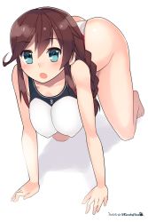 Rule 34 | 10s, 1girl, 2015, :o, all fours, anchor symbol, aqua eyes, artist name, braid, breasts, brown hair, dated, female focus, hanging breasts, highres, kantai collection, kuro chairo no neko, large breasts, long hair, noshiro (kancolle), one-piece swimsuit, open mouth, simple background, solo, swimsuit, twitter username, white background