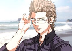 Rule 34 | 1boy, adjusting eyewear, brown hair, final fantasy, final fantasy xv, glasses, green eyes, hair up, highres, ignis scientia, jewelry, looking at viewer, male focus, nae (mzxt3557), necklace, solo