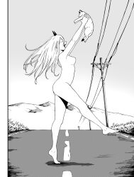 1girl ass breasts cat chainsaw_man completely_nude demon_girl demon_horns fujimoto_tatsuki_(style) gitokuja greyscale horns long_hair meowy_(chainsaw_man) monochrome no_nipples nude outdoors power_(chainsaw_man) power_lines road small_breasts utility_pole