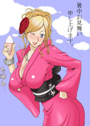 Rule 34 | 1girl, blonde hair, blue eyes, breasts, cleavage, flower, food, ice cream, japanese clothes, kashi (pixiv37139), large breasts, mole, mole under mouth, one eye closed, original, rose, solo, translated, wink